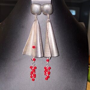 Metal Silver and Red Dangle Statement Earrings